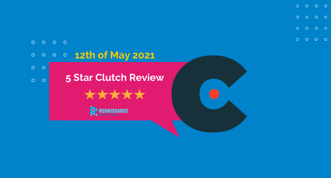 5 star rating of clutch co logo in blue pink and black color