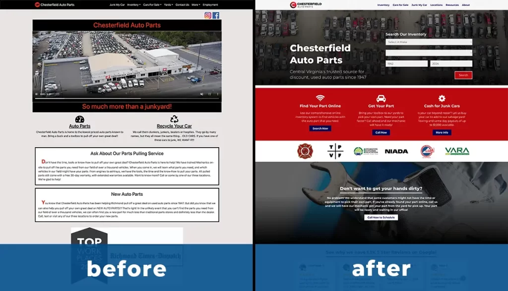 Before and after of Chesterfield Auto Parts' website