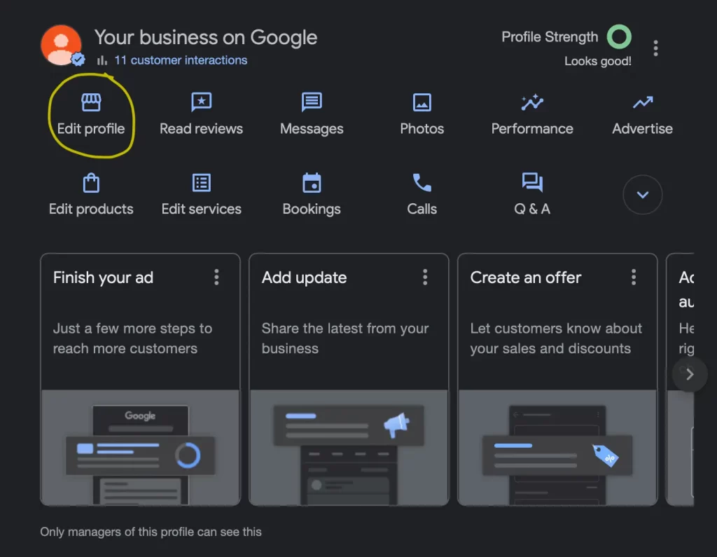 Screenshot with a circle around the "Edit profile" link of a Google Business Profile