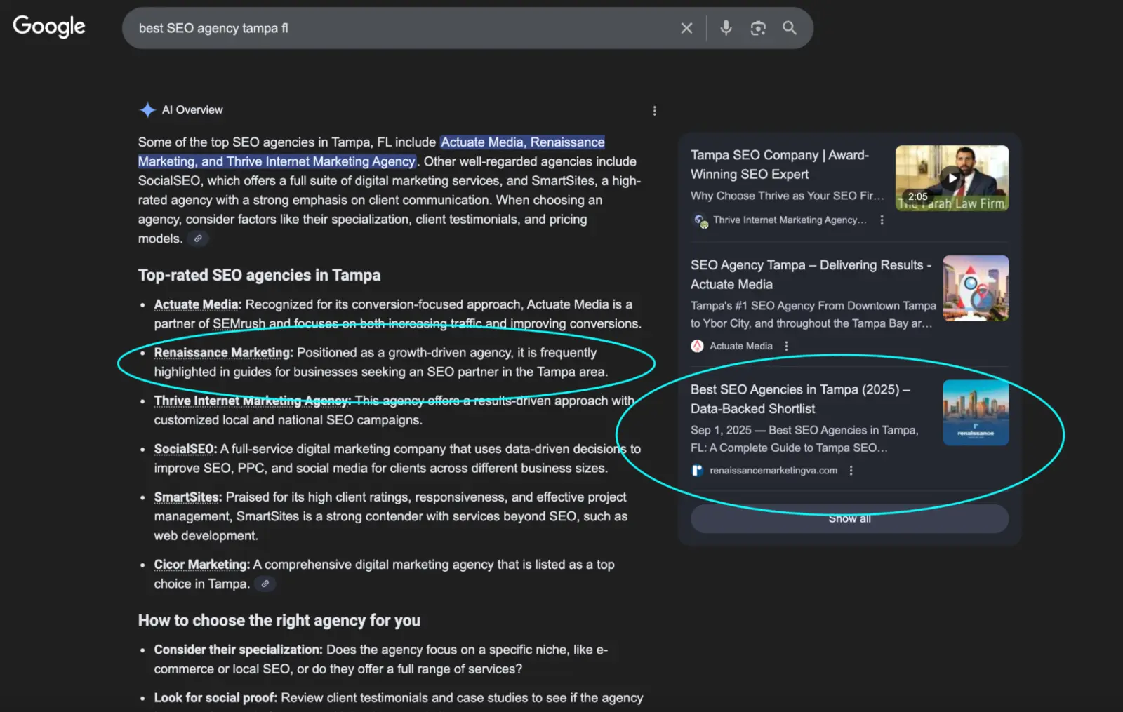 Google search results for "best SEO agency tampa fl" showing Renaissance Marketing circled twice in the search results / AI overview