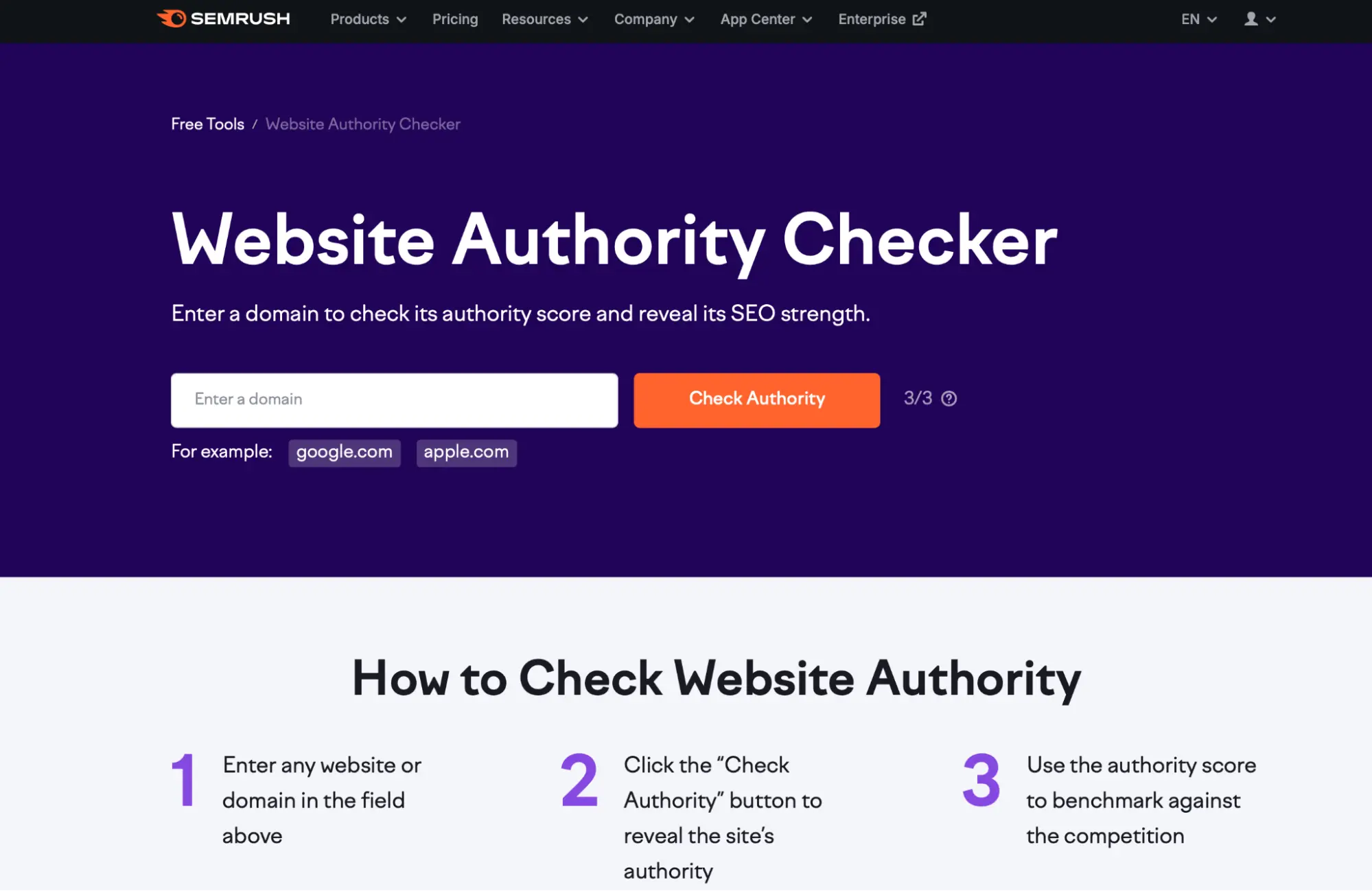 Screenshot of SEMRush Website Authority Checker