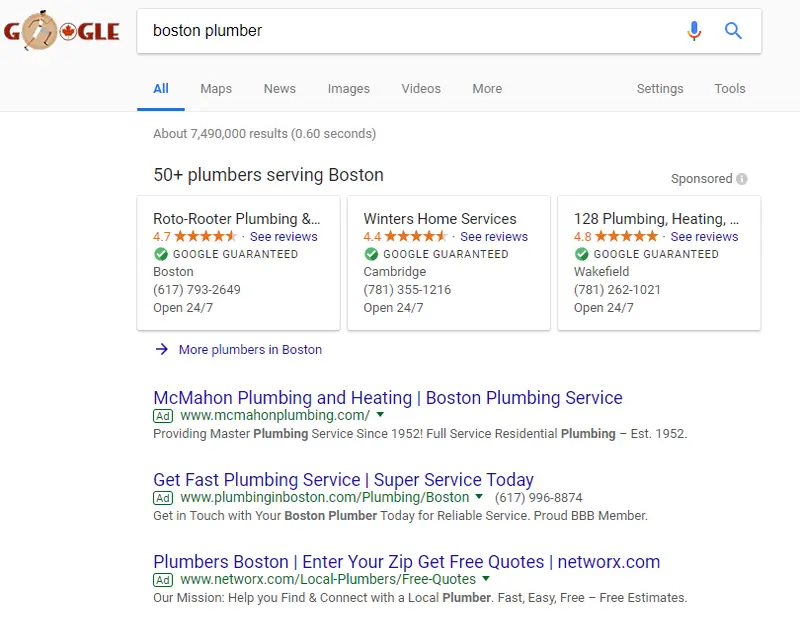 Google search results for "boston plumber" showing sponsored listings