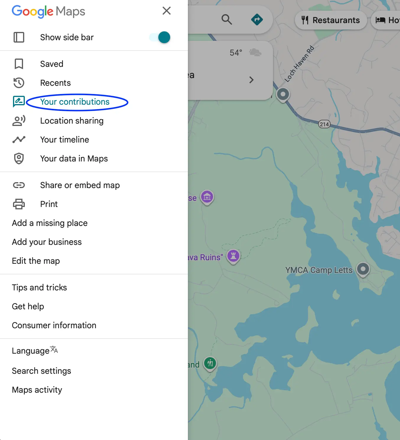 In Google Maps, click the menu button and select "Your Contributions"