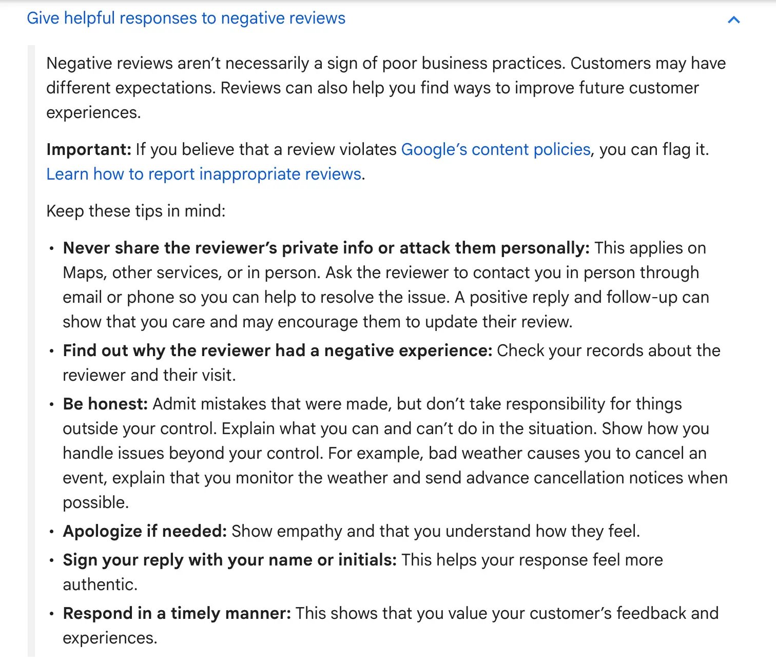 Explanation text on how to give helpful responses to negative reviews.