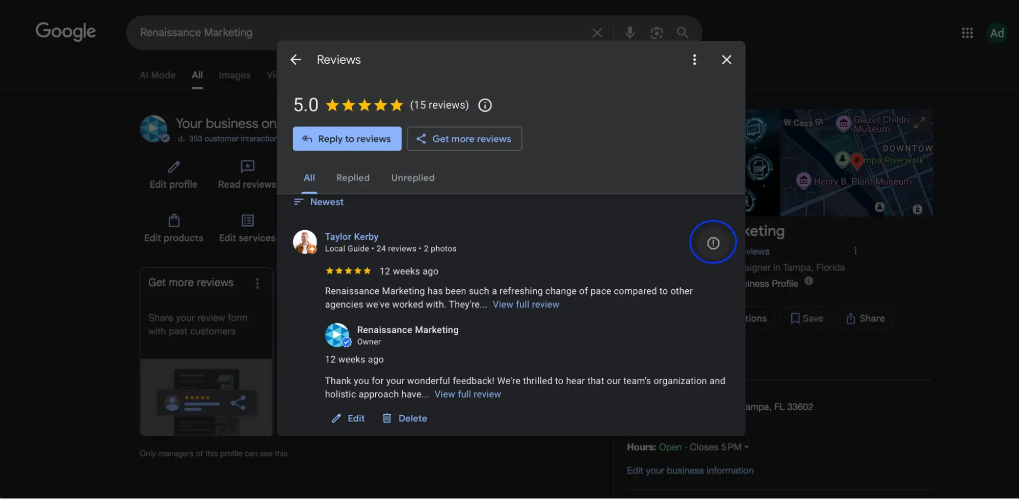 Click the "Report Review" icon on the review in question.