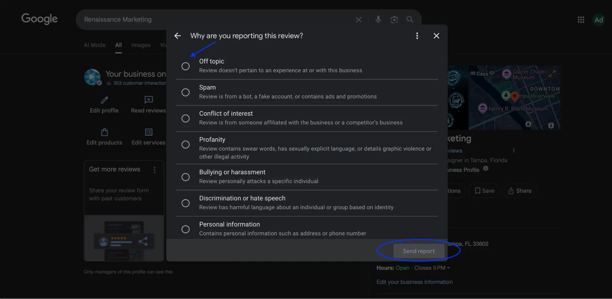 Select a reason for reporting and click "Send report" button