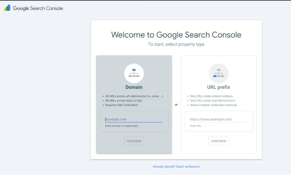 Screenshot showing Google Search Console setup