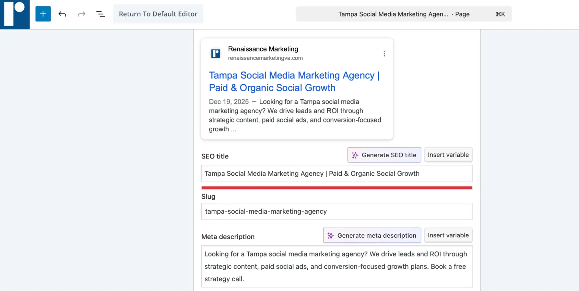 Yoast at the bottom of a blog post showing meta SEO title, slug, and meta description information for a blog post