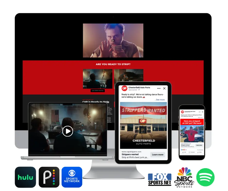 The Chesterfield Auto Parts Strippers Wanted campaign displayed on a desktop, a laptop, a tablet, and a smartphone