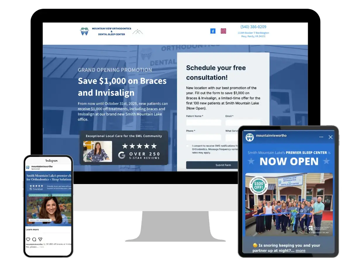 Mountain View Orthodontics and Dental Sleep Center landing page for paid social advertising on meta and instagram