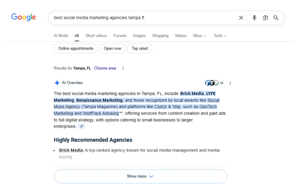 Google AI Overview listing Renaissance Marketing among best social media marketing agencies in Tampa FL