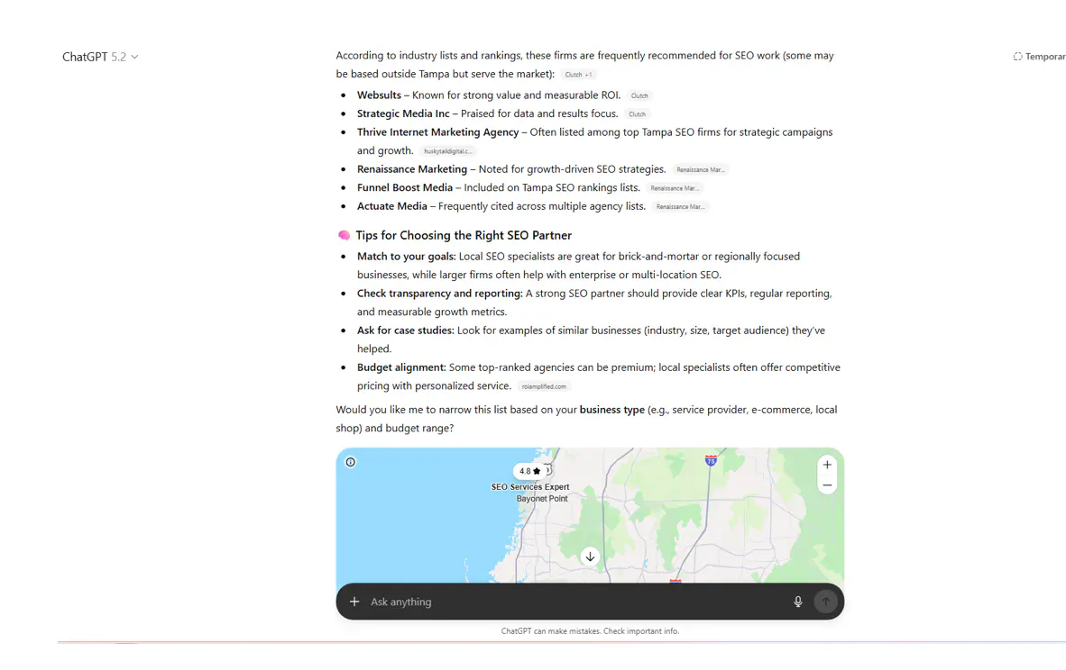 ChatGPT listing Renaissance Marketing among Tampa marketing agency recommendations