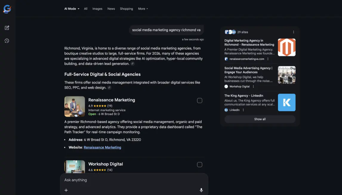 Google AI Mode showing Renaissance Marketing for social media marketing agency Richmond VA