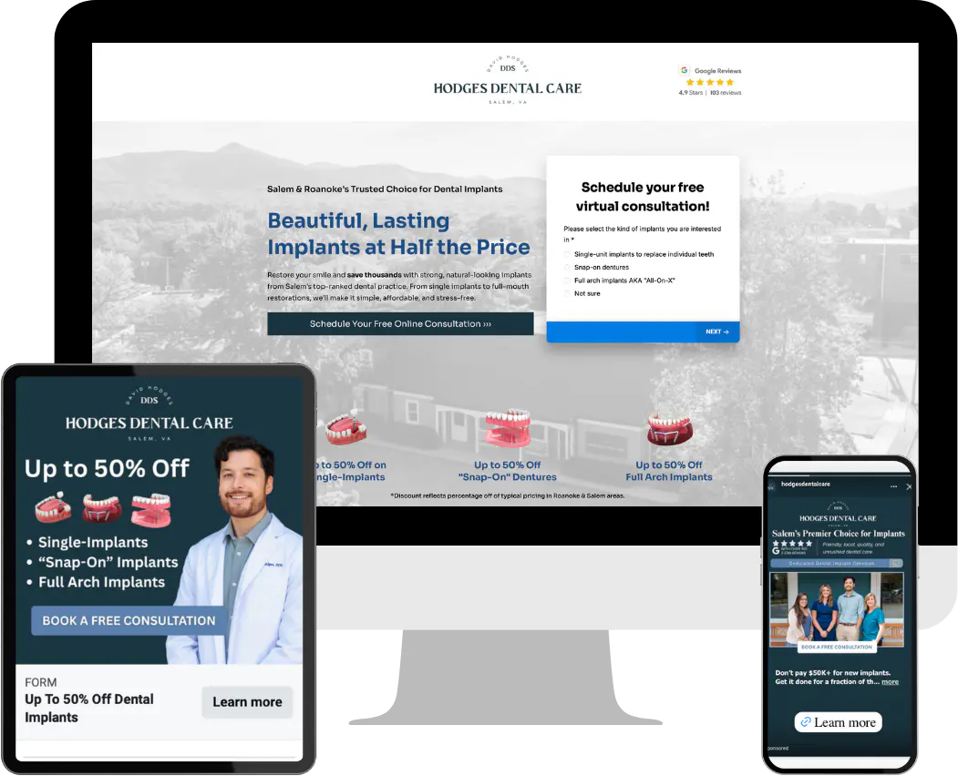Mockup of Hodges Dental Care websites on desktop, tablet, and mobile devices