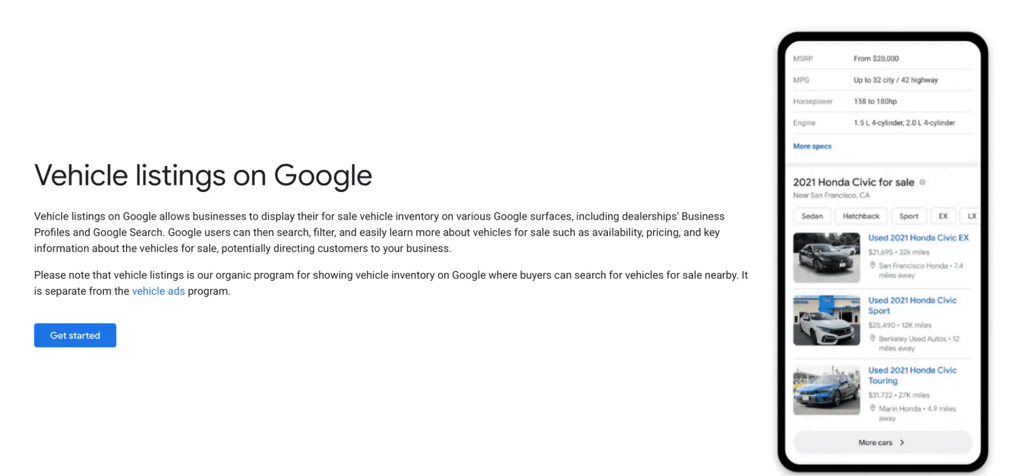 Vehicle listings on Google