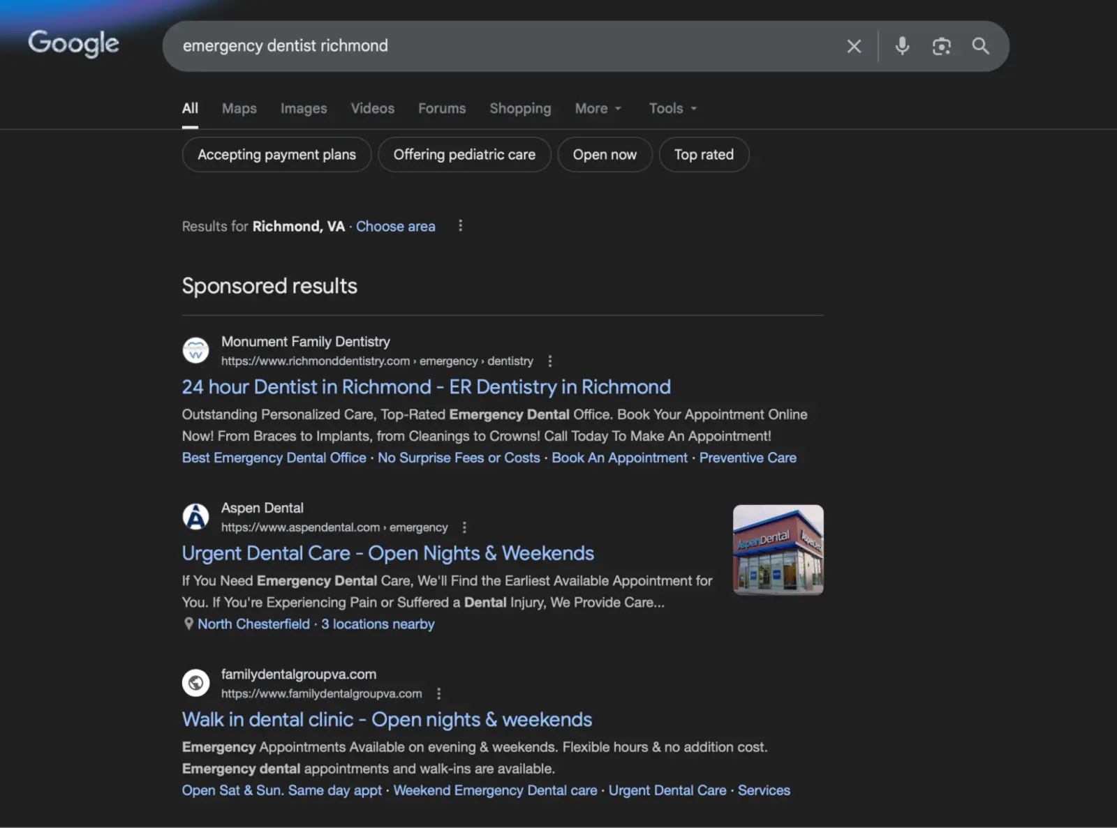 Example of Google Ads for orthodontists search results